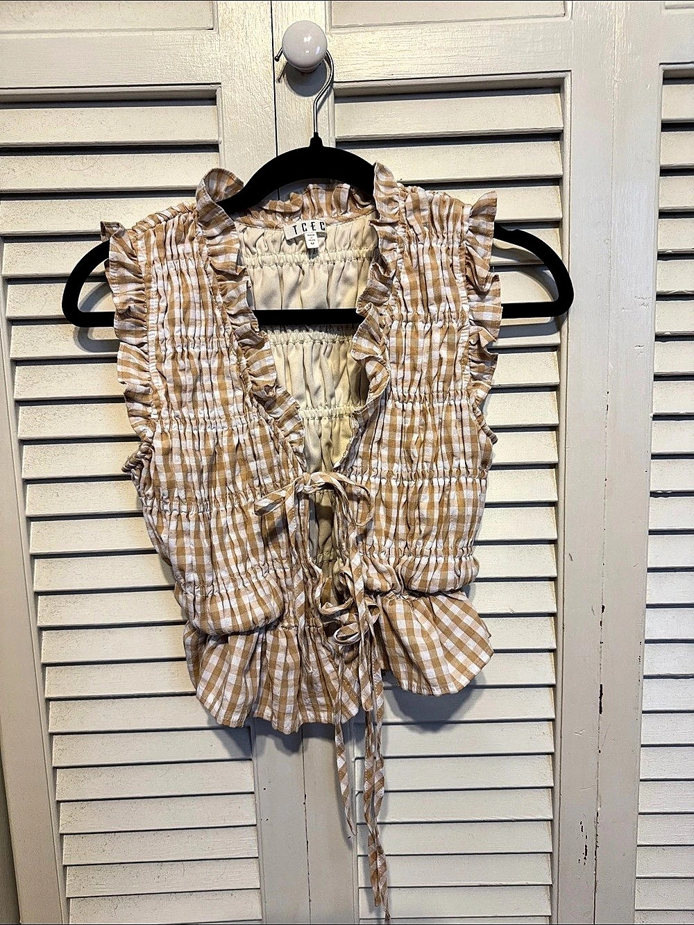 TCEC Gingham Ruffle Peplum Top in Brown & White
